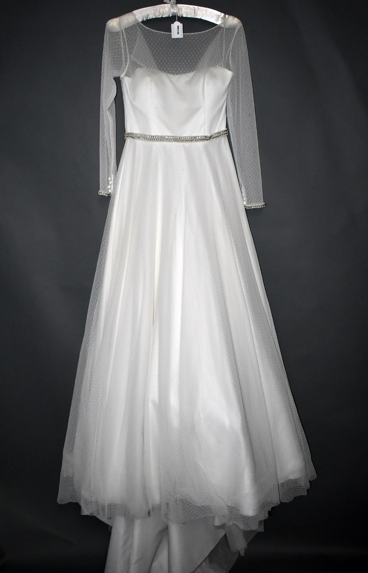 1 x WHITE ROSE Long Sleeved Satin And Chiffon Designer Wedding Dress Bridal Gown RRP £1,600 UK 12