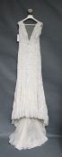 1 x LUSAN MANDONGUS Lace And Beaded Deep Plunge Designer Wedding Dress Original RRP £2,400 UK14