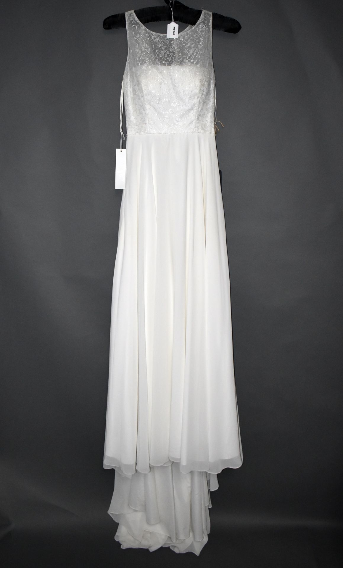 1 x WHITE ROSE Chiffon And Lace Overlay Designer Wedding Dress Bridal Gown RRP £1,050 UK 12