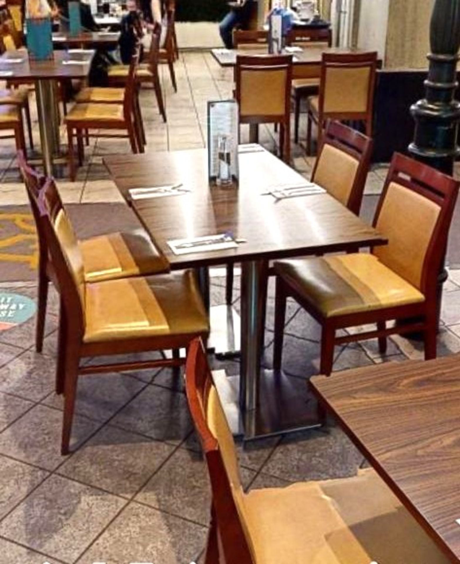 8 x Two Person Restaurant Dining Tables Featuring Chrome Pedestals and Tops With a Walnut Finish - - Image 6 of 7