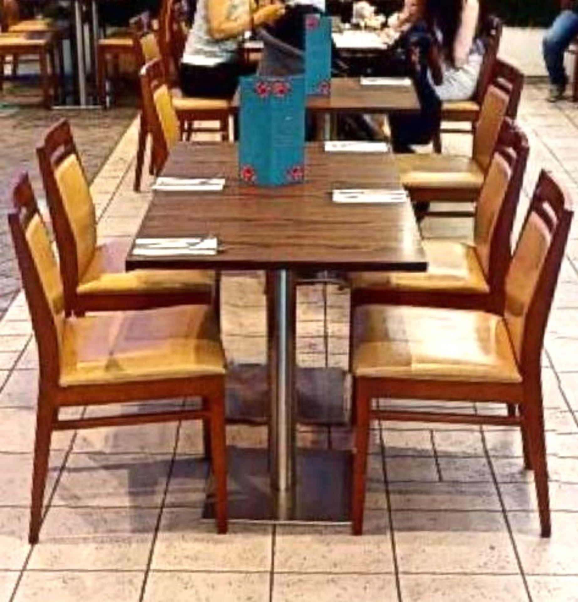 8 x Two Person Restaurant Dining Tables Featuring Chrome Pedestals and Tops With a Walnut Finish - - Image 5 of 7