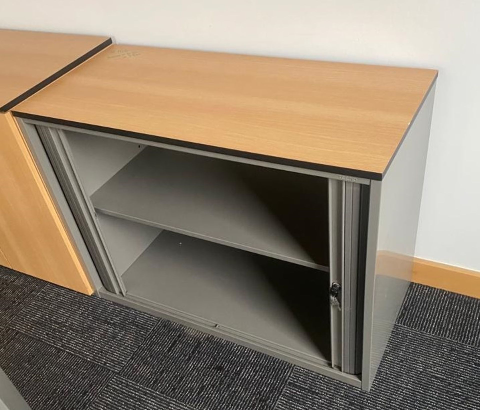 1 x Office Storage Cabinet With Beech Wood Top and Grey Sliding Tambour Doors - Size: H75 x W100 - Image 2 of 2