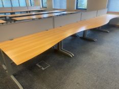 8 x Techo Wave Office Desks With Privacy Panels and Cable Tidy Cages - Beech Wood Finish with Grey