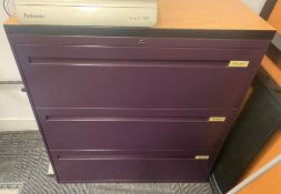 1 x Three Drawer Office Storage Cabinet For Files/Stationary - Features a Contemporary Purple Finish