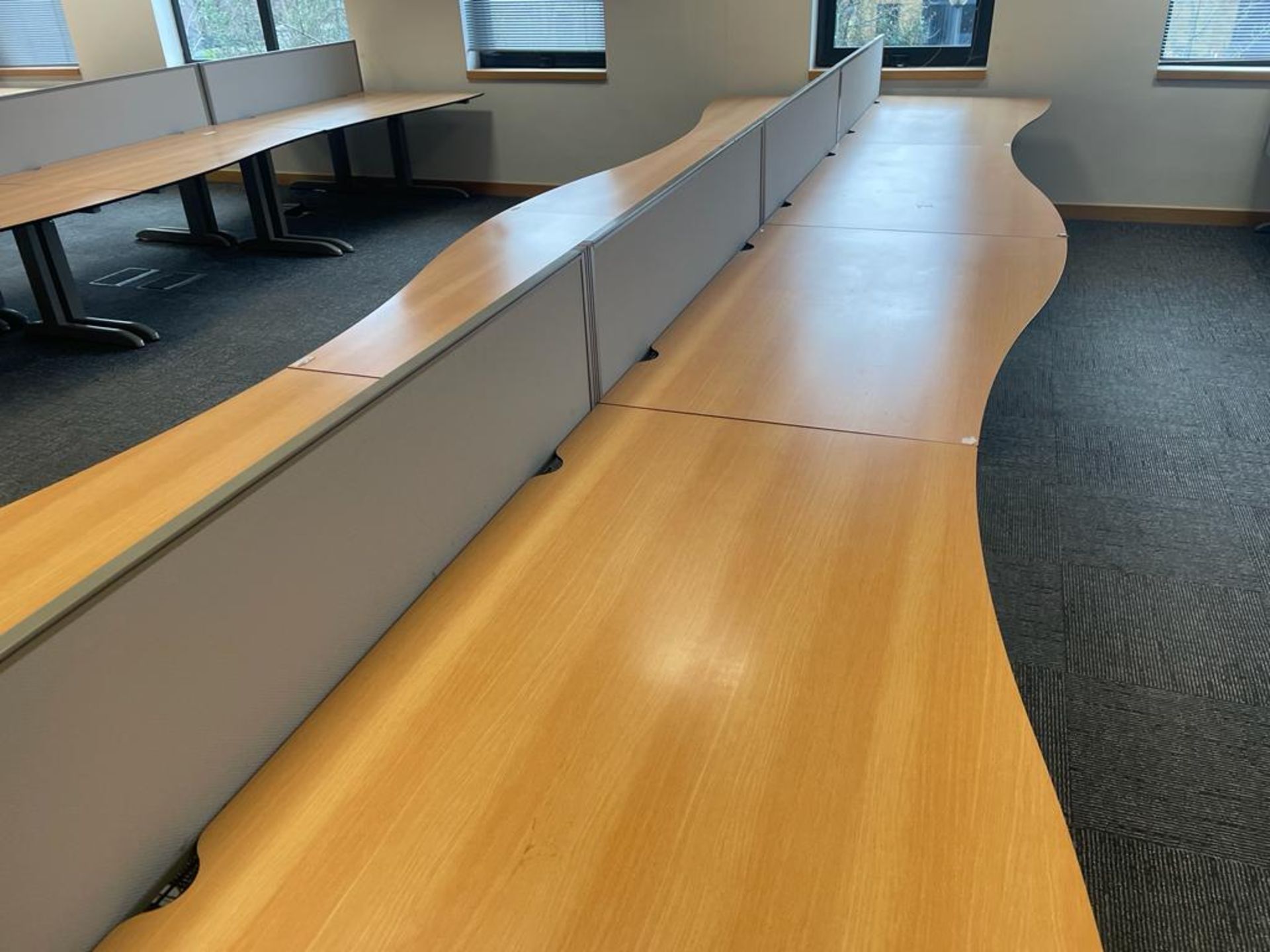 4 x Techo Wave Office Desks With Privacy Panels and Cable Tidy Cages - Beech Wood Finish - Image 3 of 17