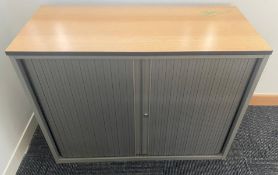 1 x Office Storage Cabinet With Beech Wood Top and Grey Sliding Tambour Doors - Size: H75 x W100