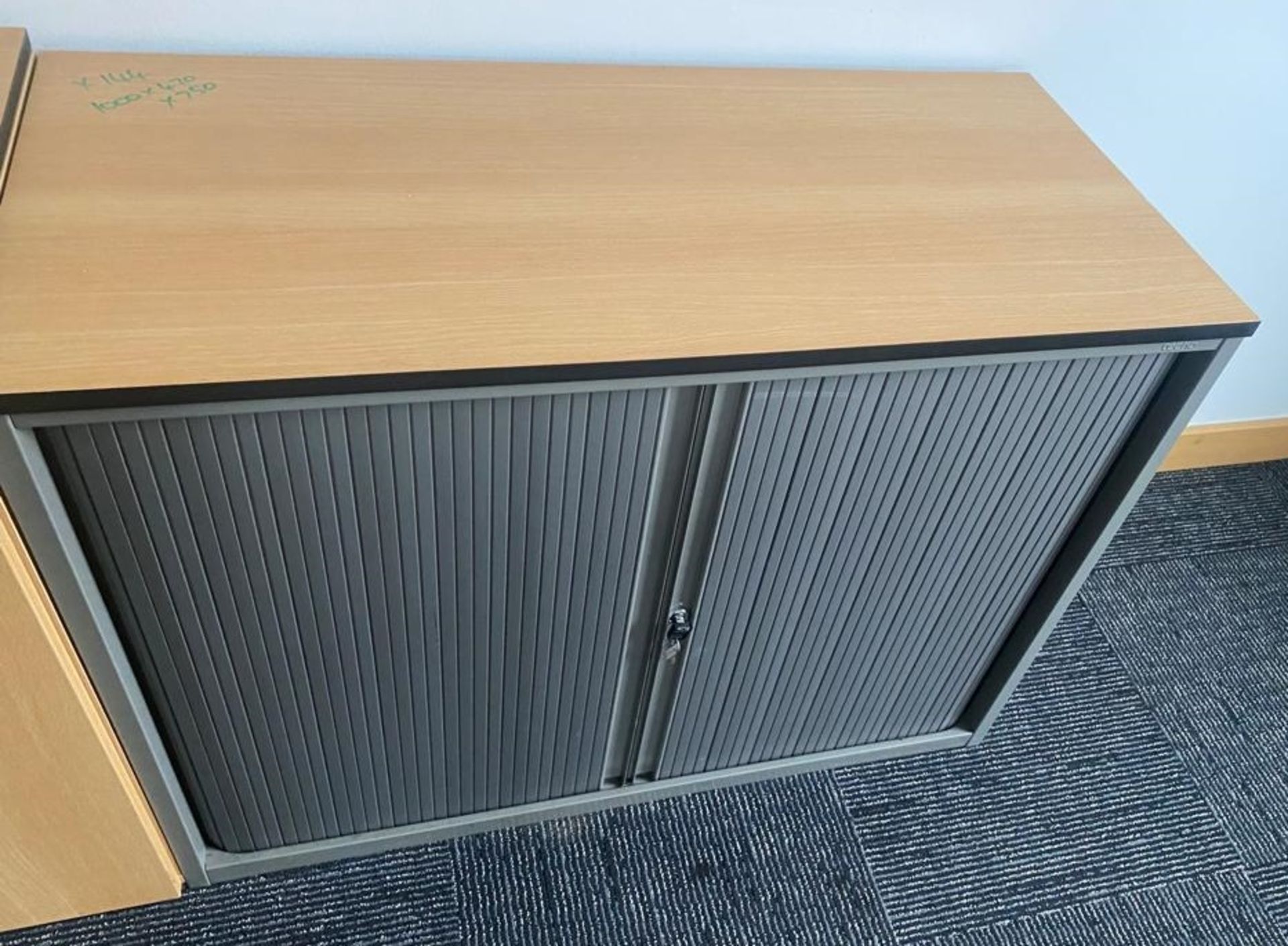 1 x Office Storage Cabinet With Beech Wood Top and Grey Sliding Tambour Doors - Size: H75 x W100