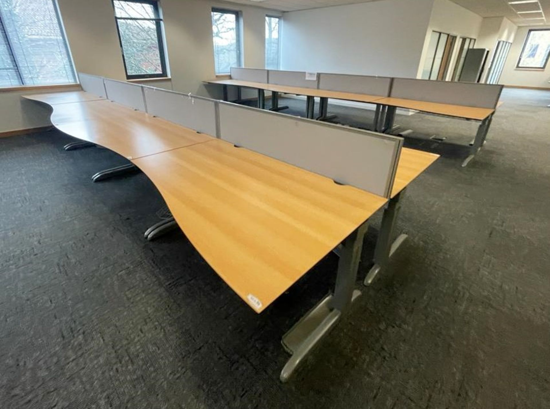 8 x Techo Wave Office Desks With Privacy Panels and Cable Tidy Cages - Beech Wood Finish - Image 13 of 20