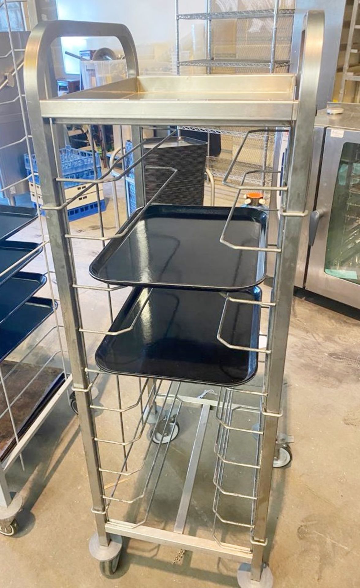 1 x Canteen Food Tray Collection Upright Trolley - 12 Tray Capacity Plus Top Shelf