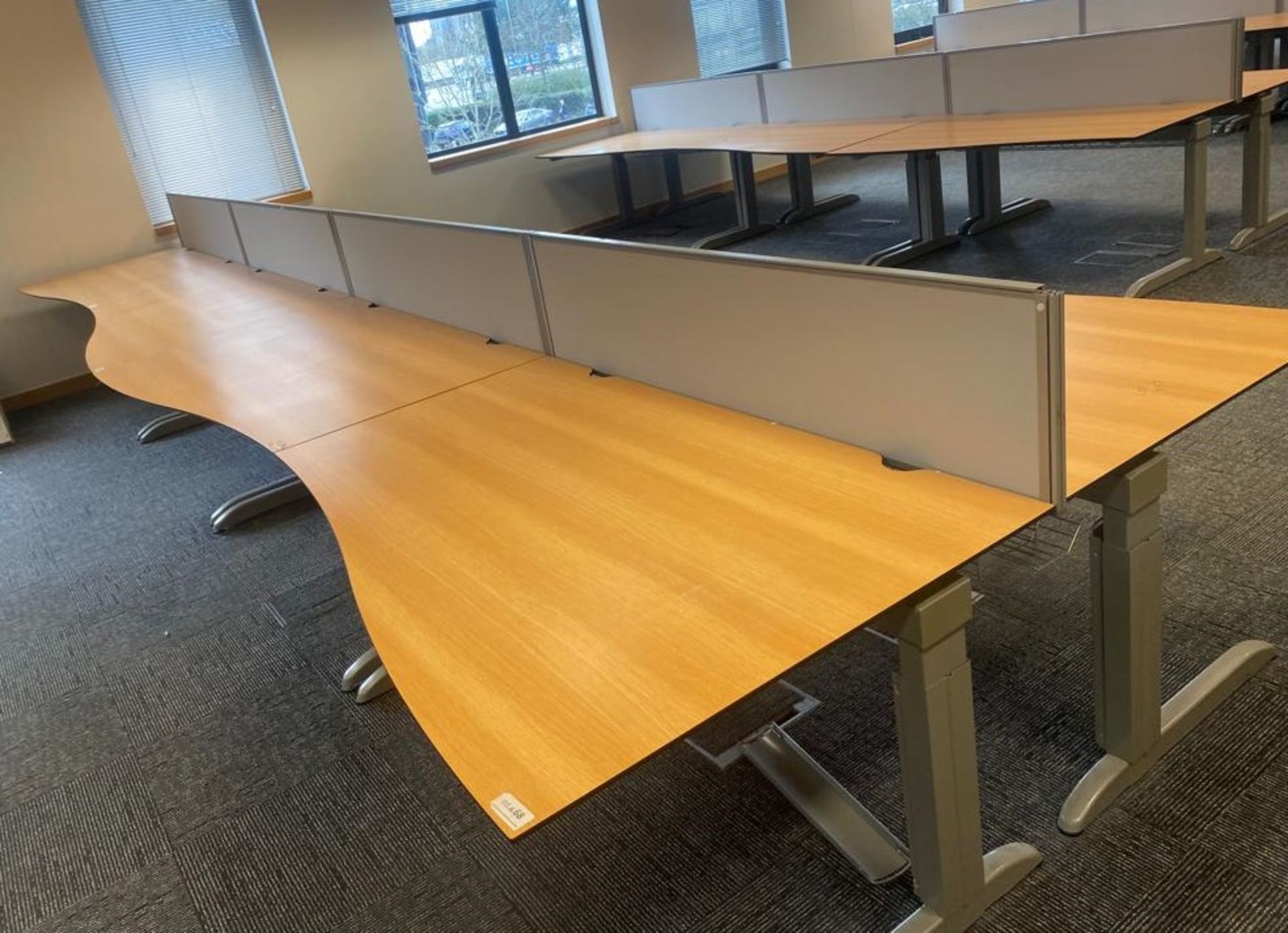 8 x Techo Wave Office Desks With Privacy Panels and Cable Tidy Cages - Beech Wood Finish - Image 4 of 20