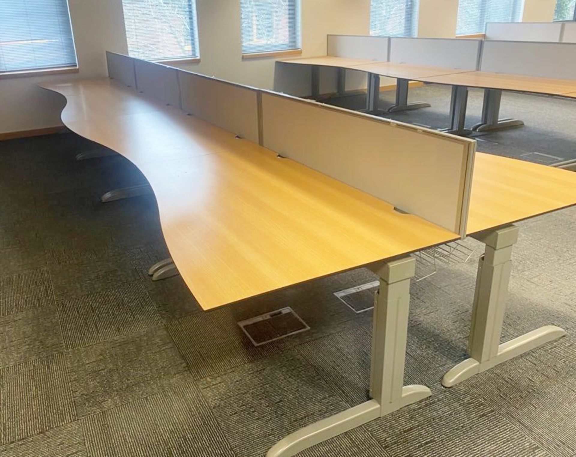 8 x Techo Wave Office Desks With Privacy Panels and Cable Tidy Cages - Beech Wood Finish - Image 2 of 20