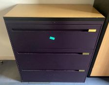 1 x Contemporary Three Drawer Office Storage Cabinet With a Purple Finish and Light Wood Top