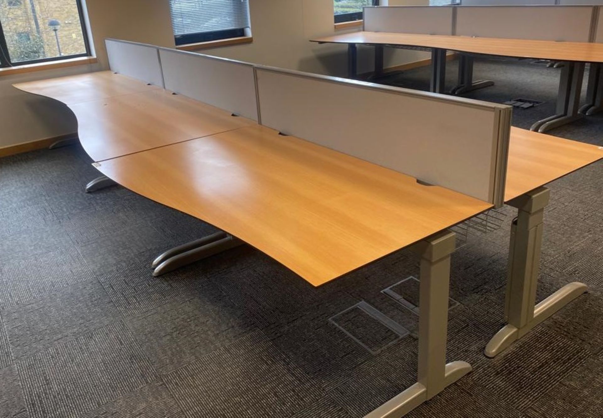 8 x Techo Wave Office Desks With Privacy Panels and Cable Tidy Cages - Beech Wood Finish - Image 6 of 20