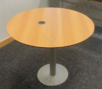 1 x Round Office Meeting Table With a Beech Wood Finish and Grey Pedestal Base - Size: H75 x W90 cms