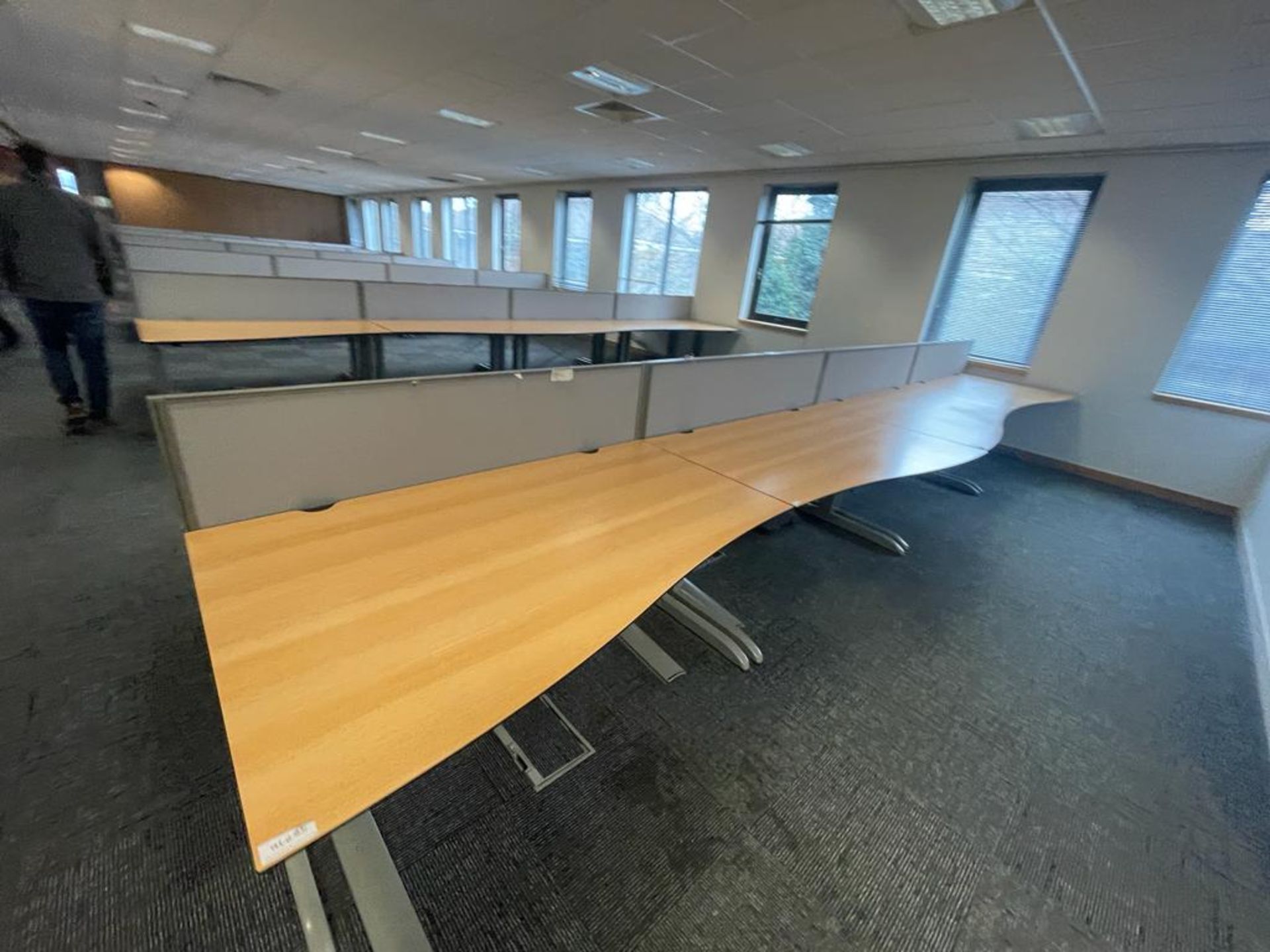 4 x Techo Wave Office Desks With Privacy Panels and Cable Tidy Cages - Beech Wood Finish - Image 5 of 17