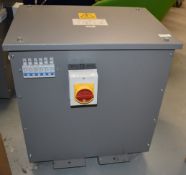 1 x Industrial 3 Phase Site Transformer With Six Outlets, Steel Enclosure & Integrated Fork Pockets