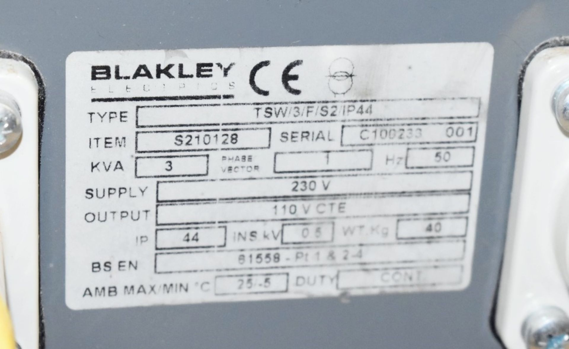 1 x Blakley 110v Site Power and Lighting Transformer - Single Phase 240v to 110v - Type: S21028 - Image 7 of 7