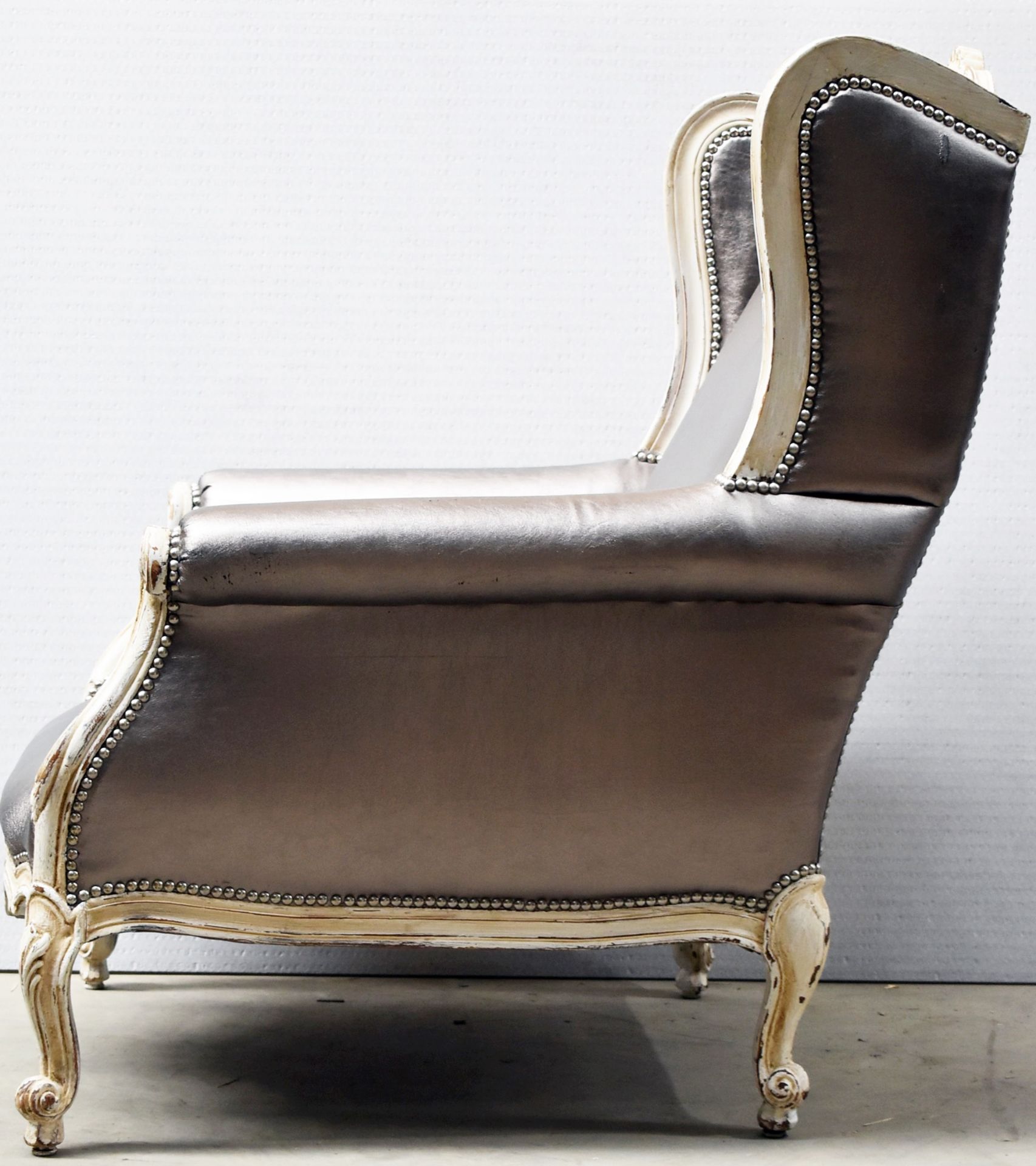 1 x Baroque Armchair In Silver Leather High Back Carved Leaf Detailing, Studded & Matching Ottoman - Image 5 of 10