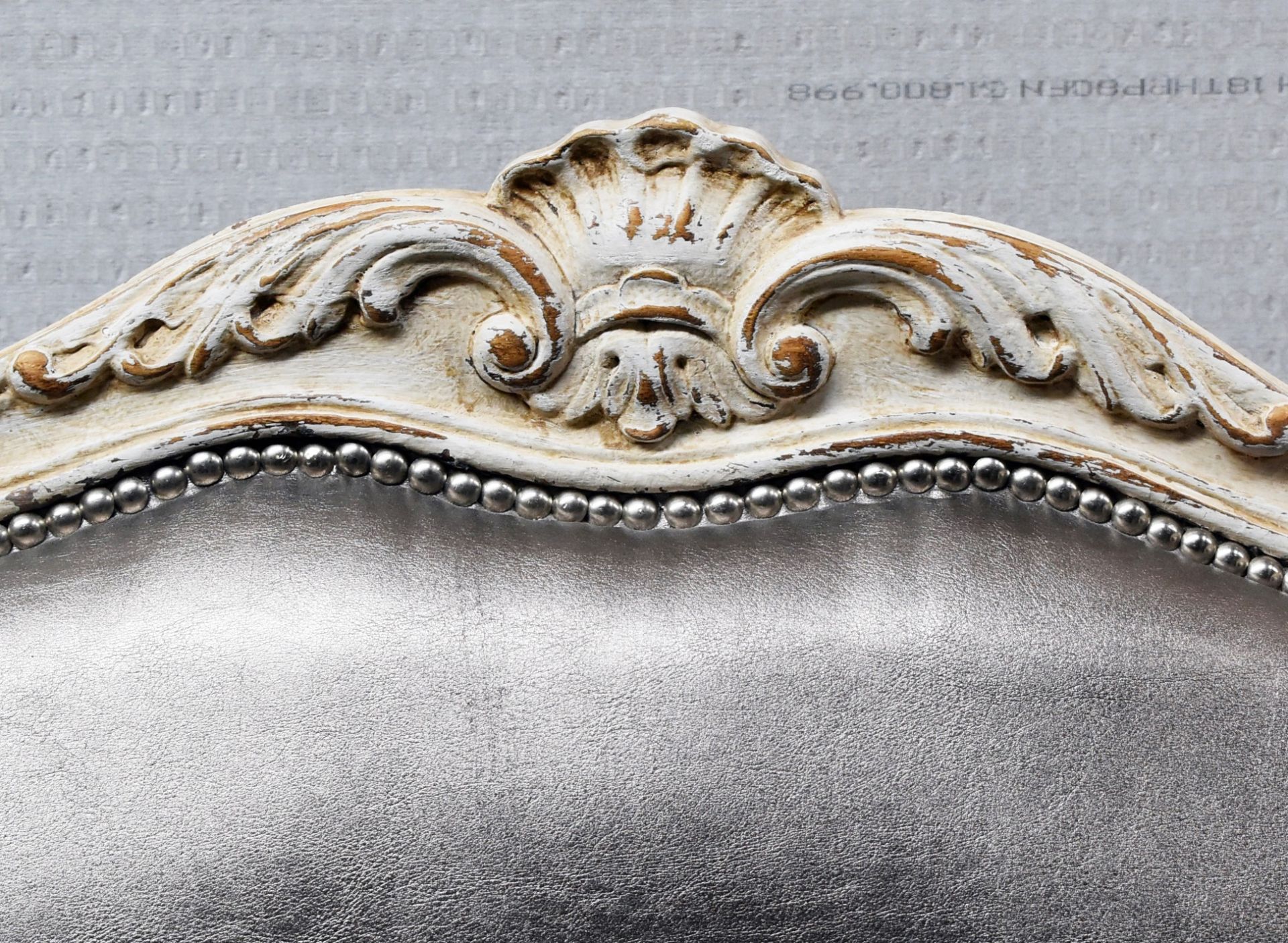 1 x Baroque Armchair In Silver Leather High Back Carved Leaf Detailing, Studded & Matching Ottoman - Image 8 of 10