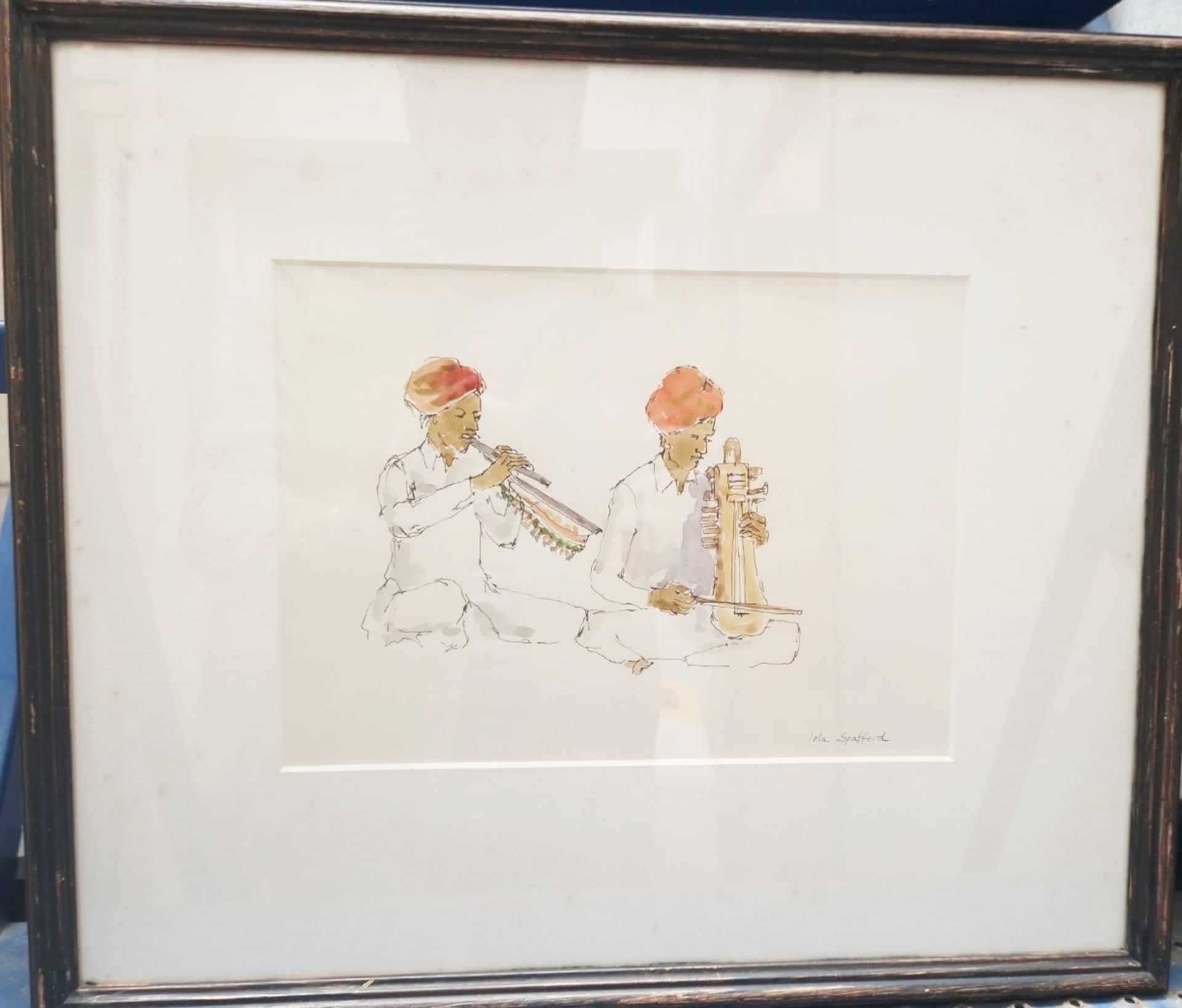 1 x ‘Indian Musicians’ Watercolour By Iola Spafford Mounted And Framed In A Dark Wood Frame Approx