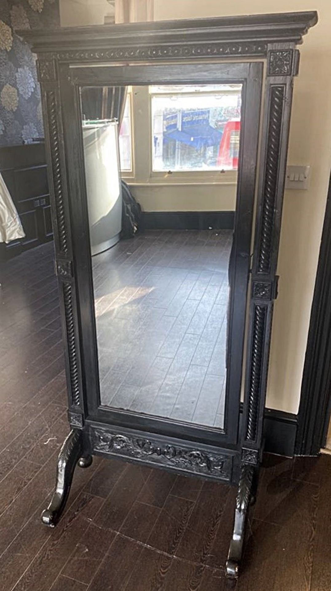 1 x Large Old Jacobean Style Floor Standing Black Mirror With Wonderful Detail - Approx 85x168Cm - - Image 5 of 14