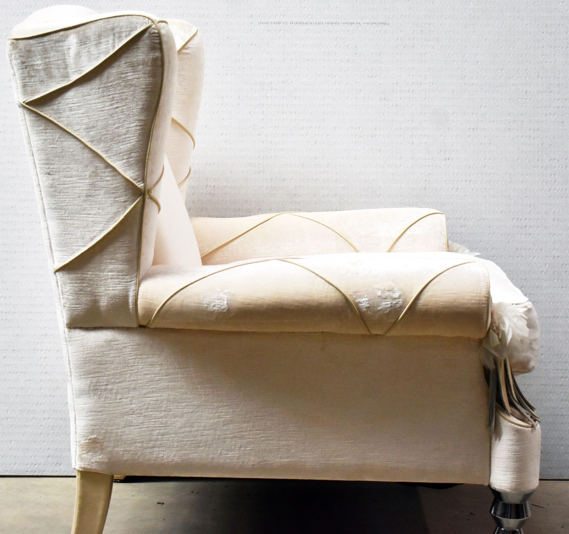 Set Of 2 x Bespoke Fireside Wingback Cream Leather Armchair With Stitch Arms & Feather Detail - Image 14 of 14
