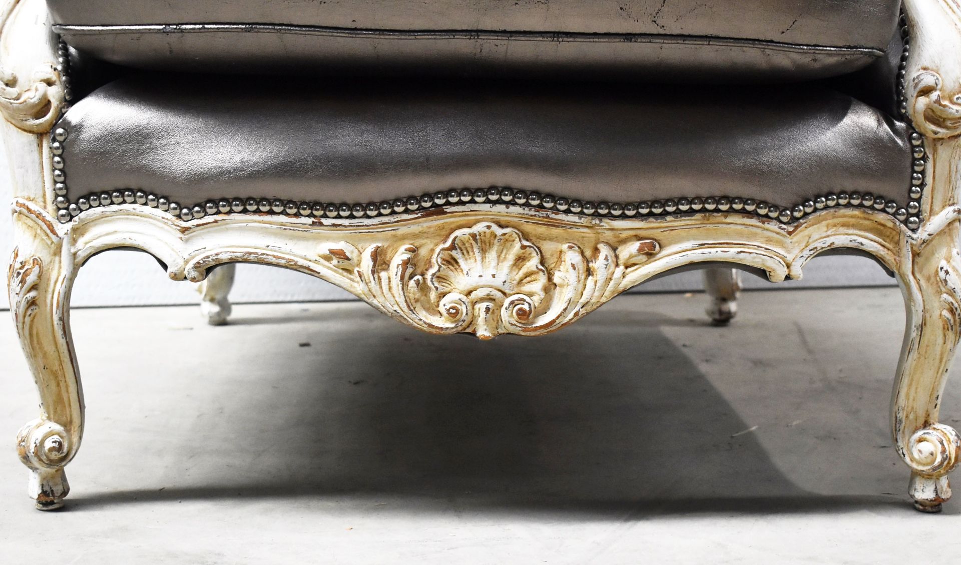 1 x Baroque Armchair In Silver Leather High Back Carved Leaf Detailing, Studded & Matching Ottoman - Image 9 of 10