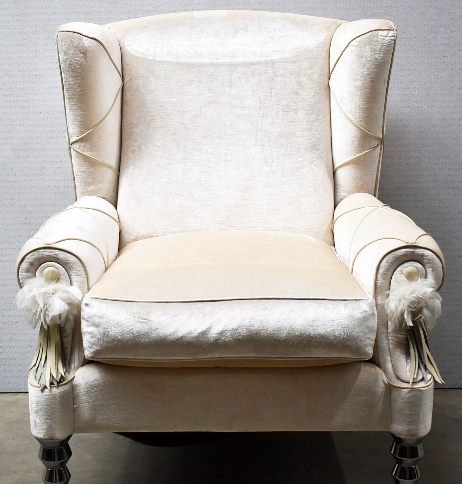 Set Of 2 x Bespoke Fireside Wingback Cream Leather Armchair With Stitch Arms & Feather Detail - Image 9 of 14