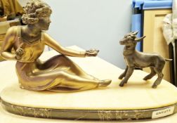 1 x Art Deco Style Bronze Statue Of Woman Feeding Goat On A Marble Base