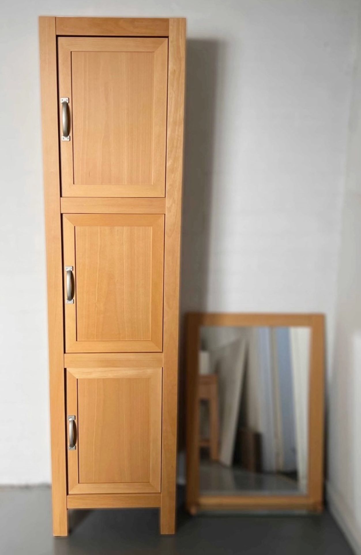 1 x VILLEROY & BOCH 3-Door Tallboy Bathroom Storage Cabinet With Matching Mirror - NO VAT ON THE