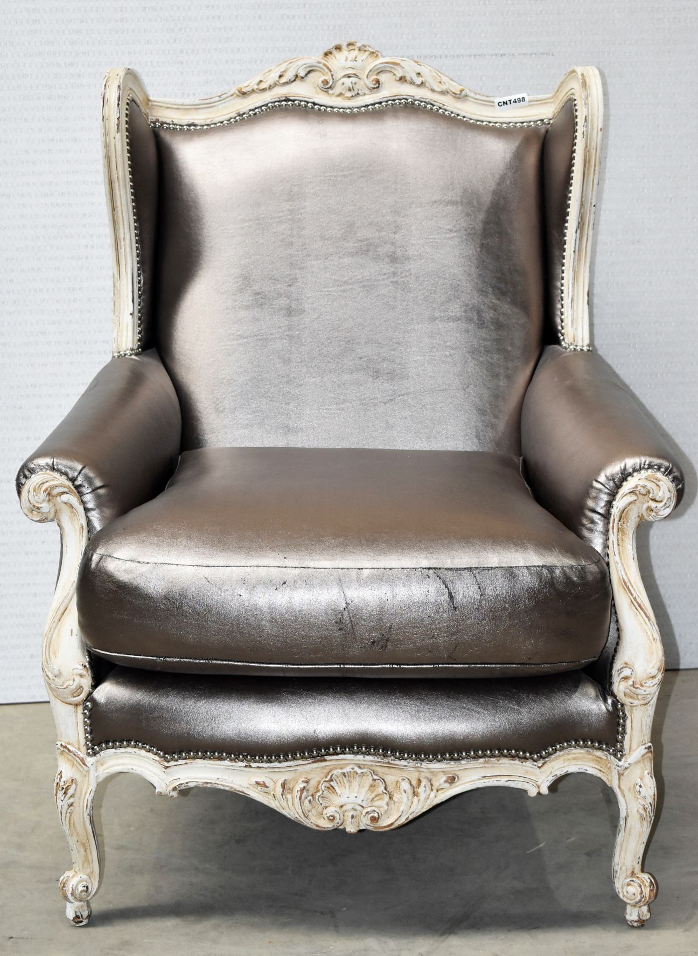 1 x Baroque Armchair In Silver Leather High Back Carved Leaf Detailing, Studded & Matching Ottoman - Image 4 of 10