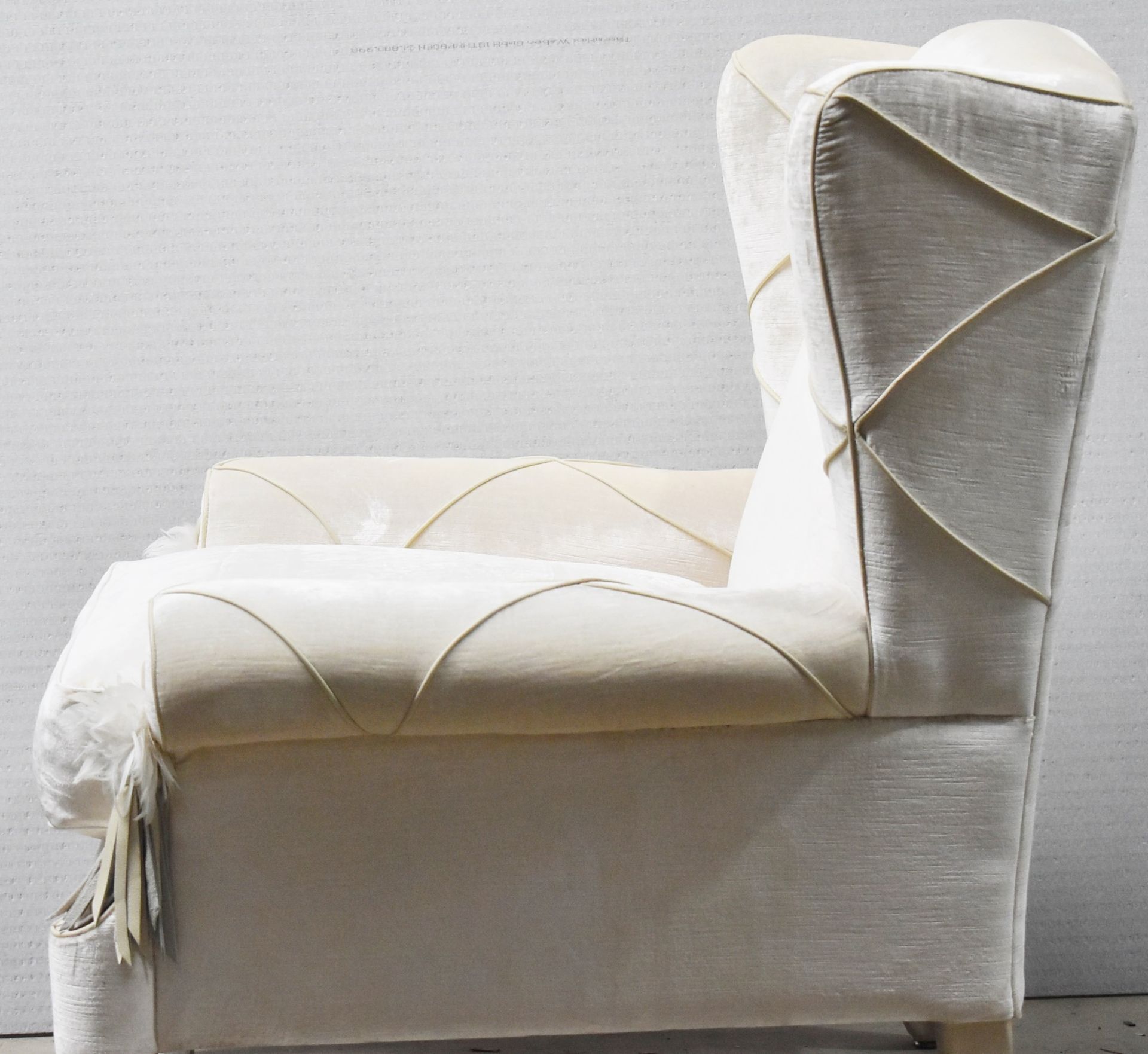 Set Of 2 x Bespoke Fireside Wingback Cream Leather Armchair With Stitch Arms & Feather Detail - Image 6 of 14