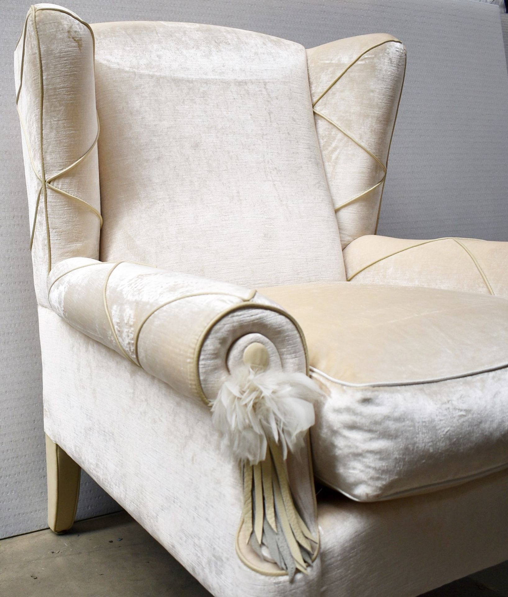 Set Of 2 x Bespoke Fireside Wingback Cream Leather Armchair With Stitch Arms & Feather Detail - Image 13 of 14