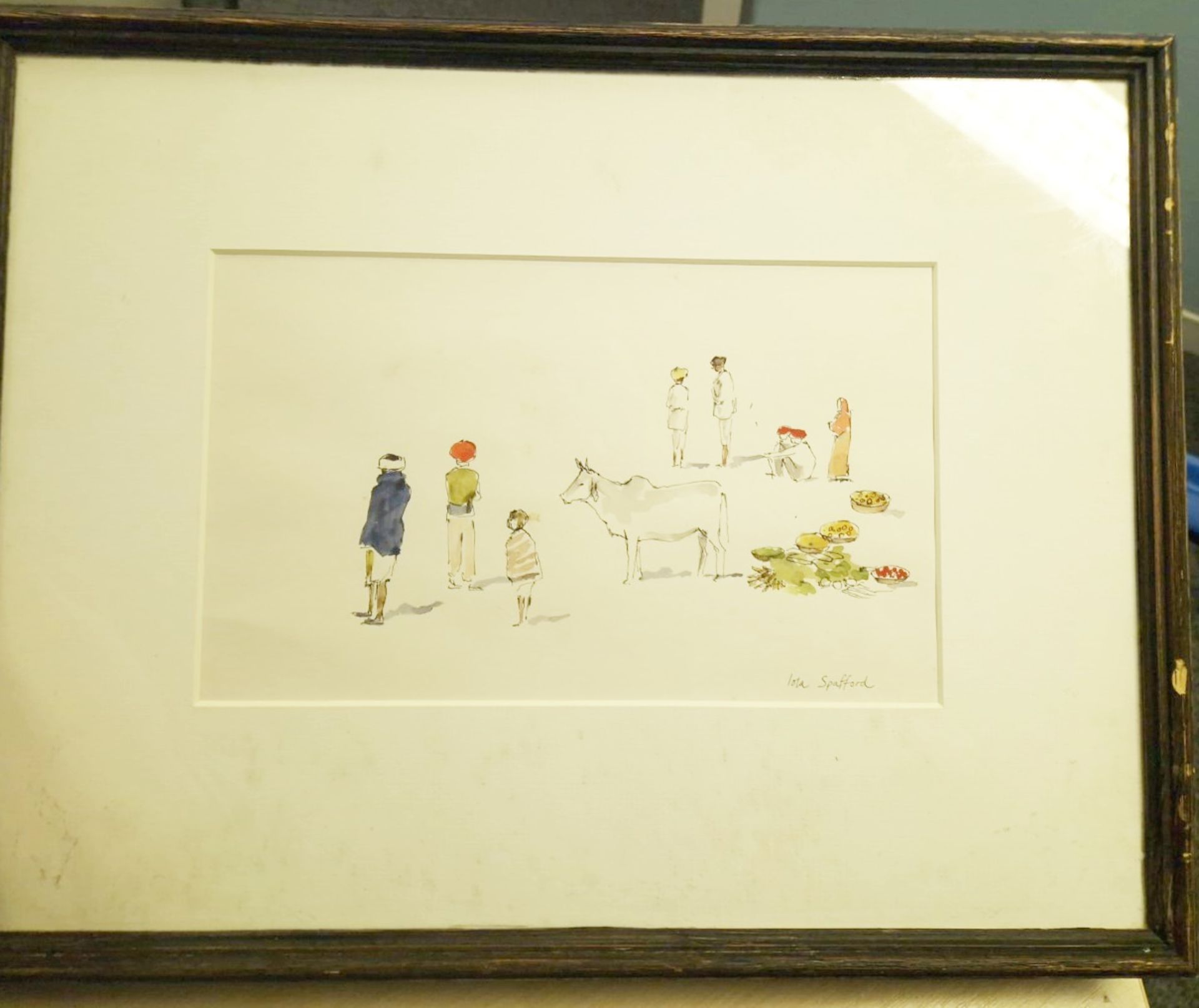 1 x ‘Mount Abu Market’ Watercolour By Iola Spafford Mounted And Framed In A Dark Wood Frame