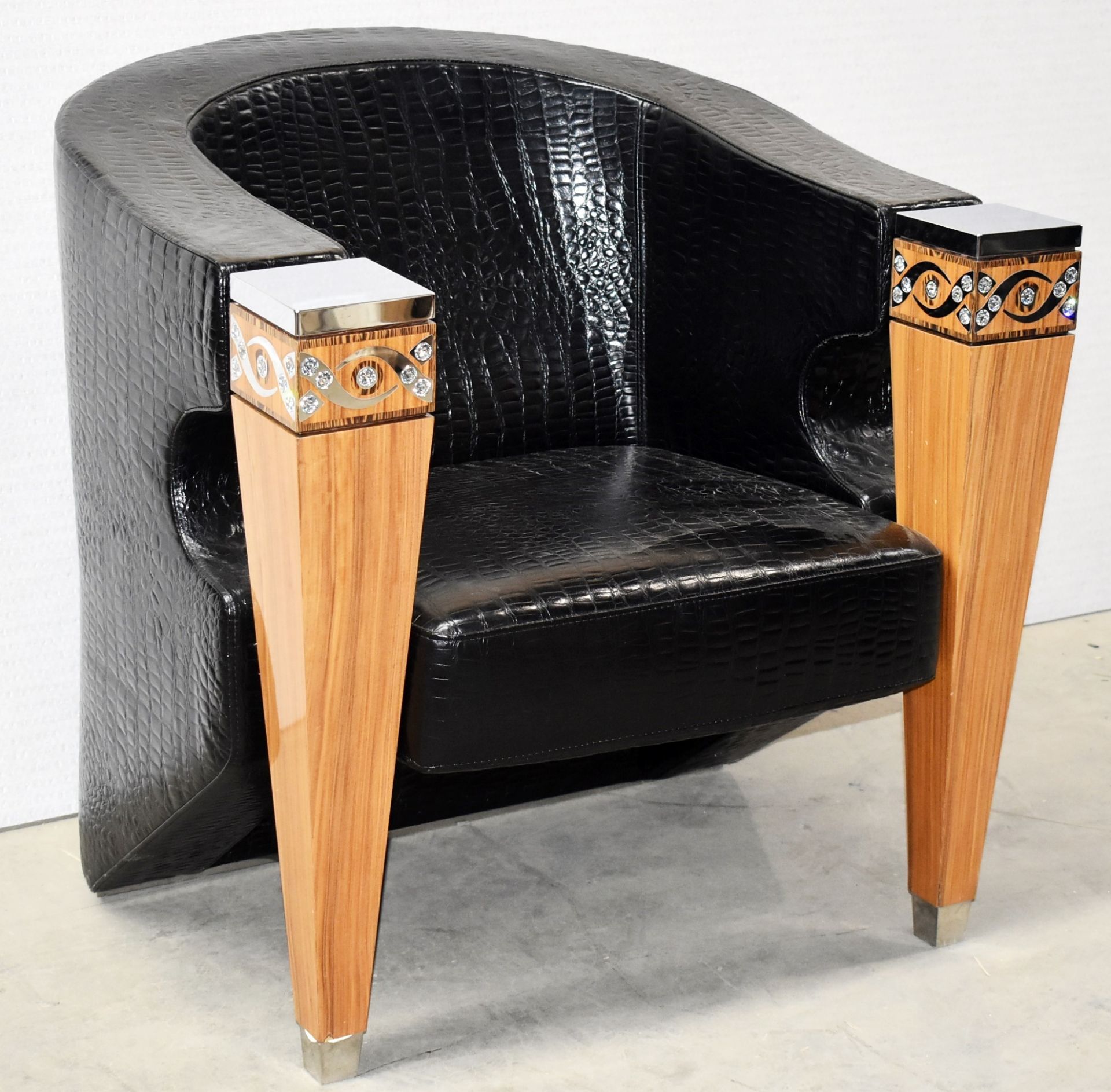 1 x Bespoke Art Deco Black 'Crocodile Skin' Armchair Wooden Arms Embellished With Crystal & Silver