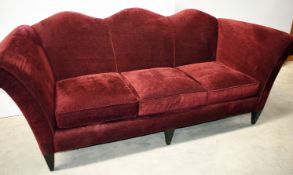 1 x DONGHIA John Hutton Red Velvet 3 Seater Sofa With Rolled Arms & Scallop Back & Wooden Legs