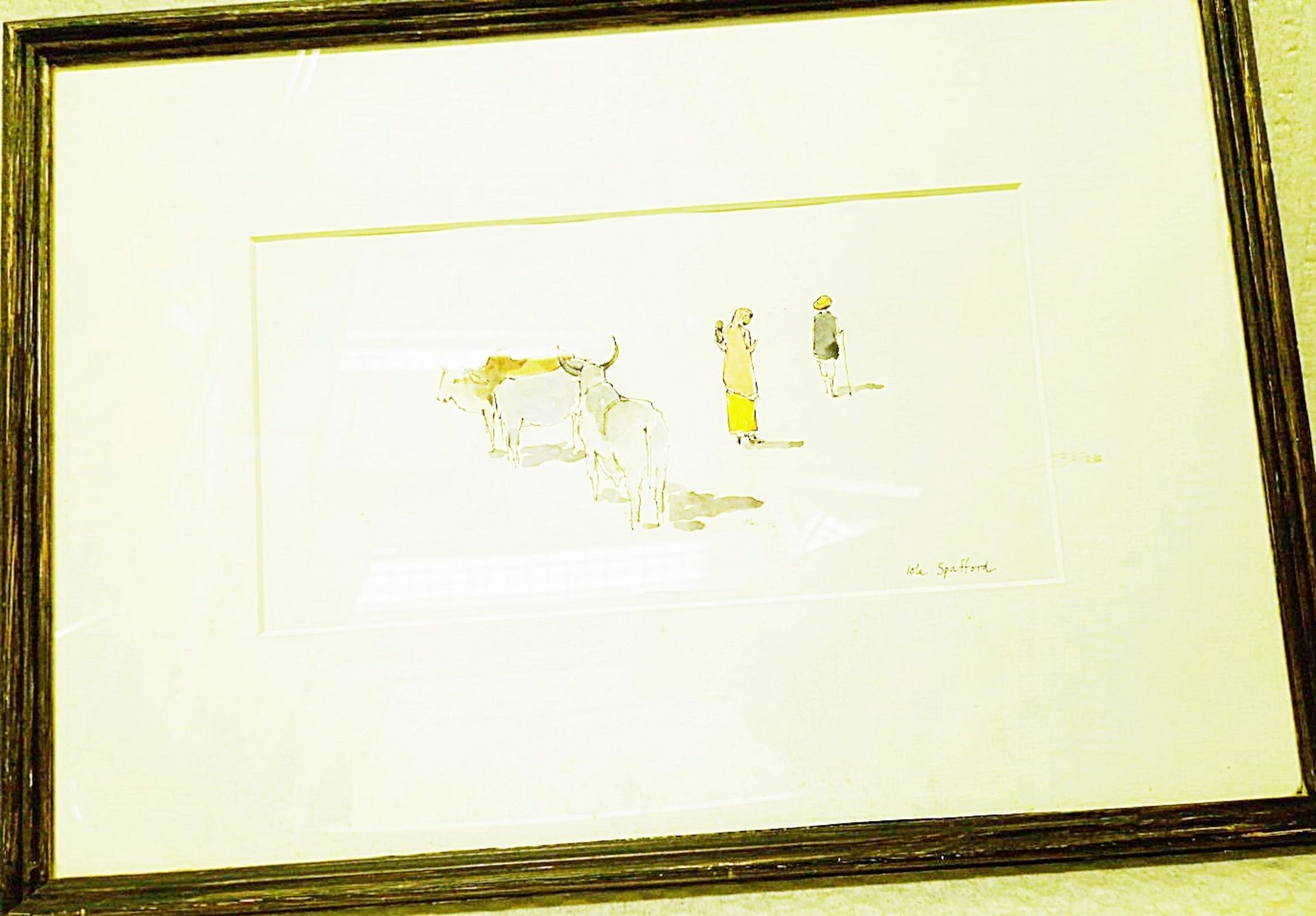 1 x ‘Indian Cattle’ Watercolour By Iola Spafford Mounted And Framed In A Dark Wood Frame 46cm x 32cm