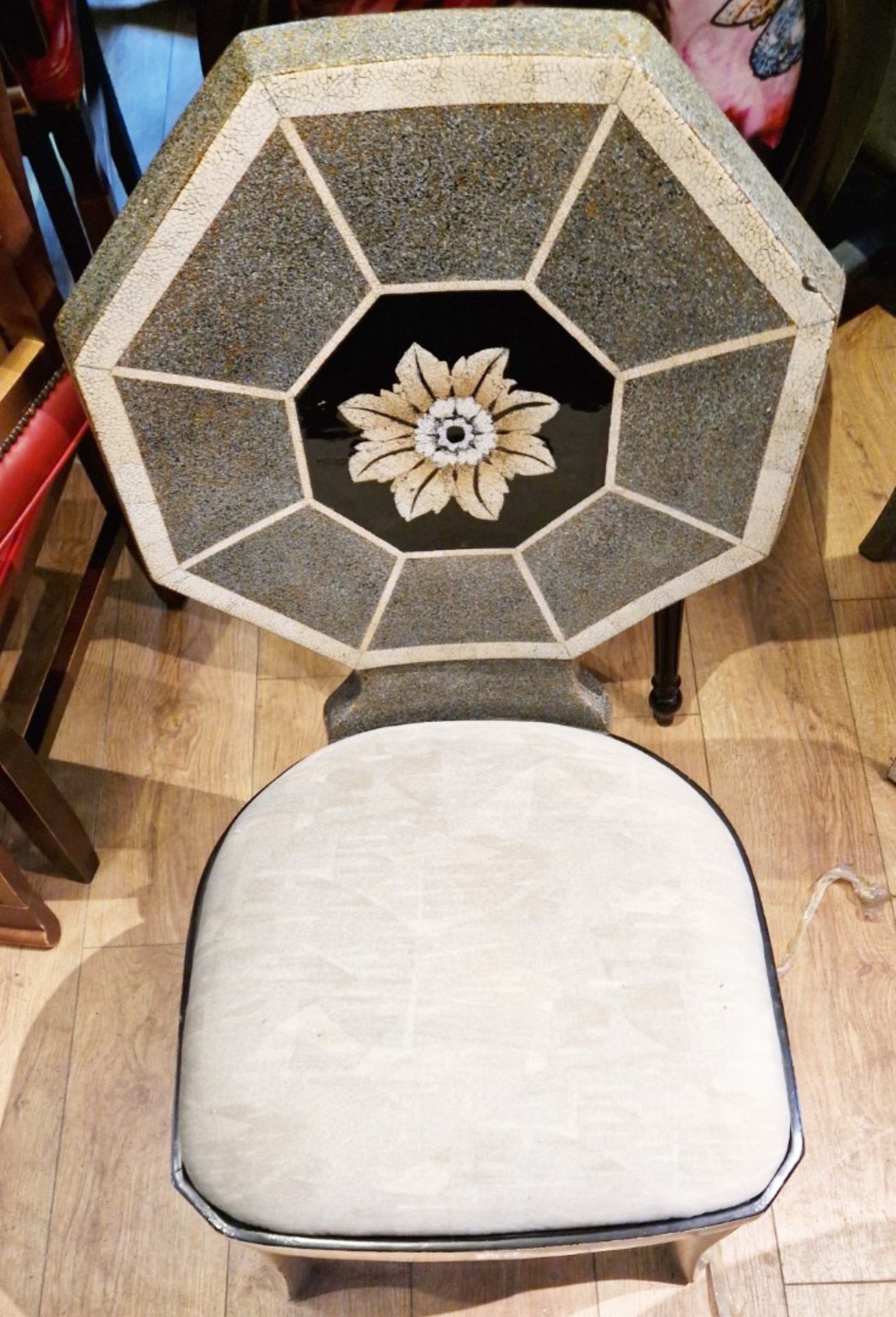 Set Of 2 x Bespoke Cracked Floral Tiled Dining Chairs, Leather Cushions With Silver Detail - Image 7 of 9