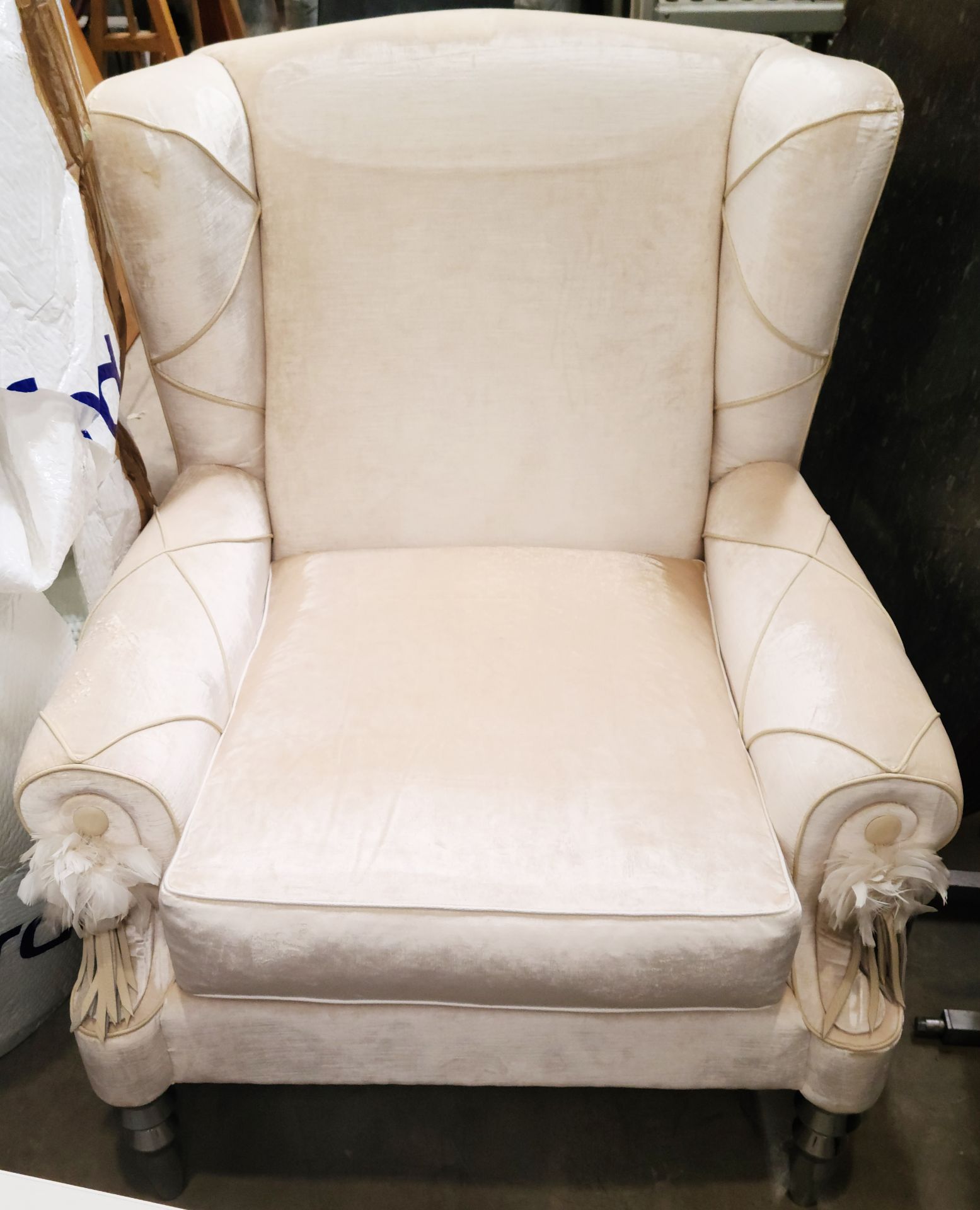 Set Of 2 x Bespoke Fireside Wingback Cream Leather Armchair With Stitch Arms & Feather Detail