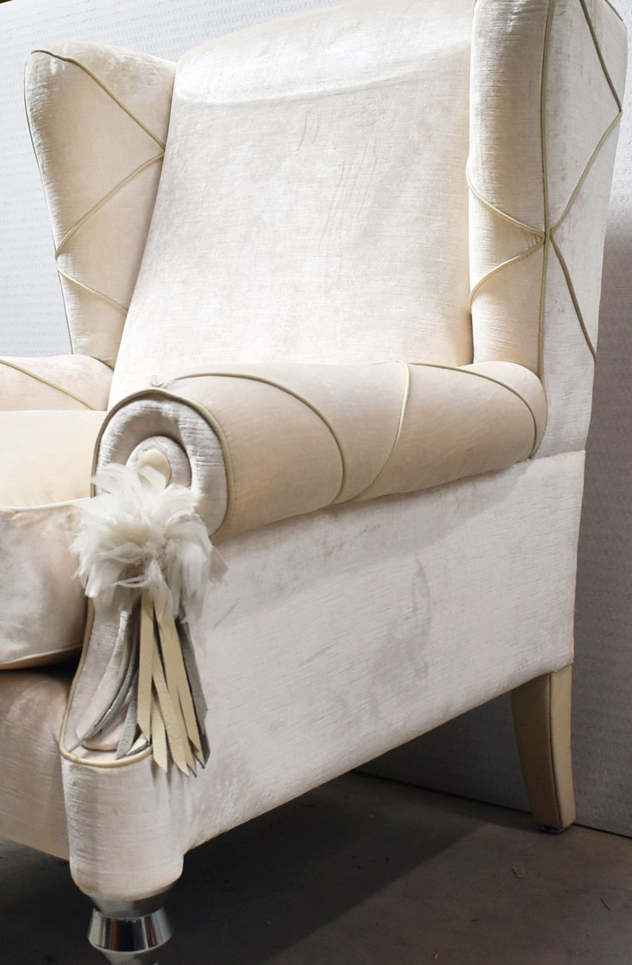 Set Of 2 x Bespoke Fireside Wingback Cream Leather Armchair With Stitch Arms & Feather Detail - Image 2 of 14