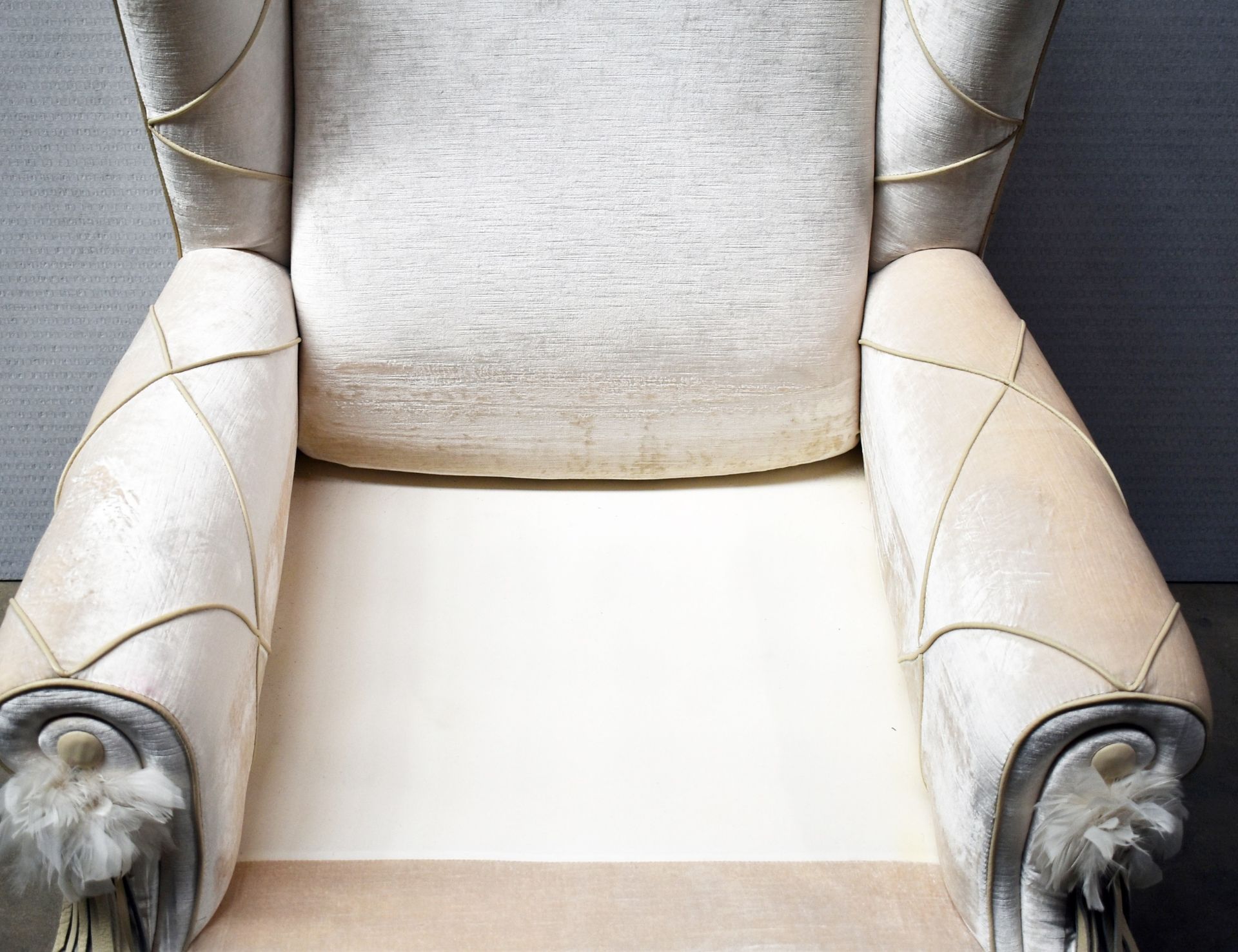 Set Of 2 x Bespoke Fireside Wingback Cream Leather Armchair With Stitch Arms & Feather Detail - Image 5 of 14