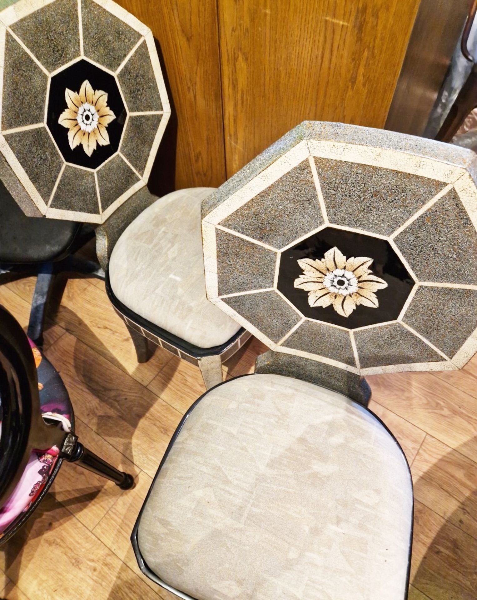 Set Of 2 x Bespoke Cracked Floral Tiled Dining Chairs, Leather Cushions With Silver Detail - Image 2 of 9