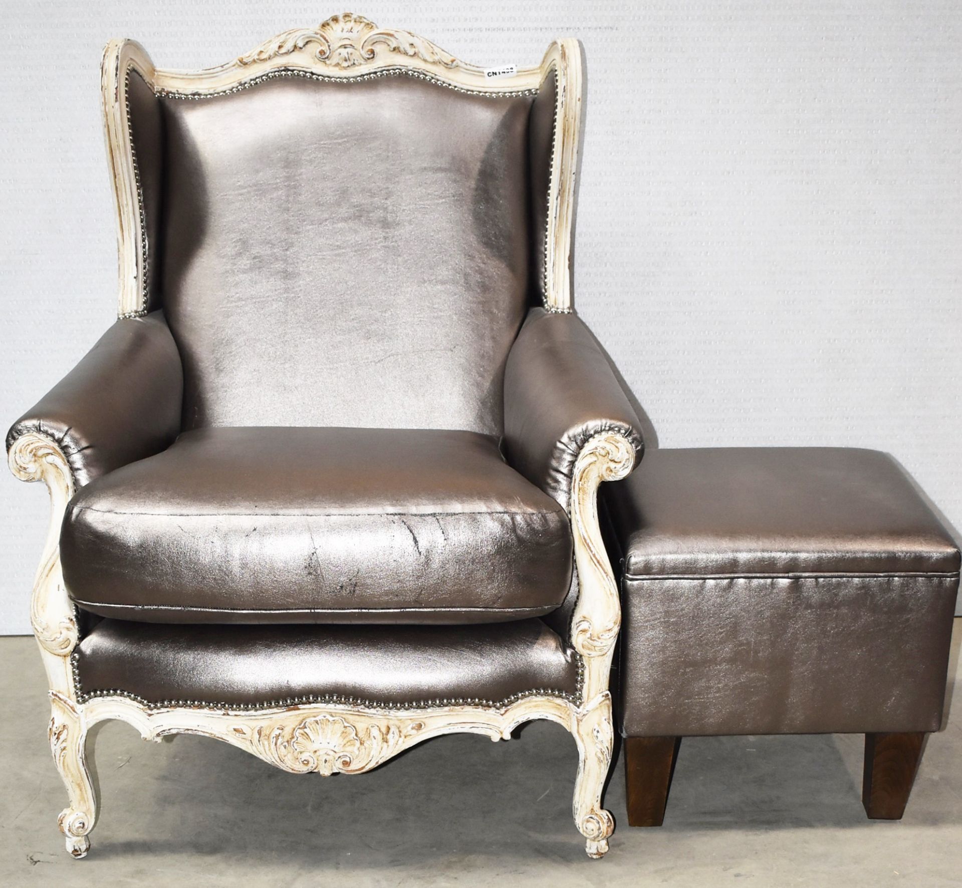 1 x Baroque Armchair In Silver Leather High Back Carved Leaf Detailing, Studded & Matching Ottoman