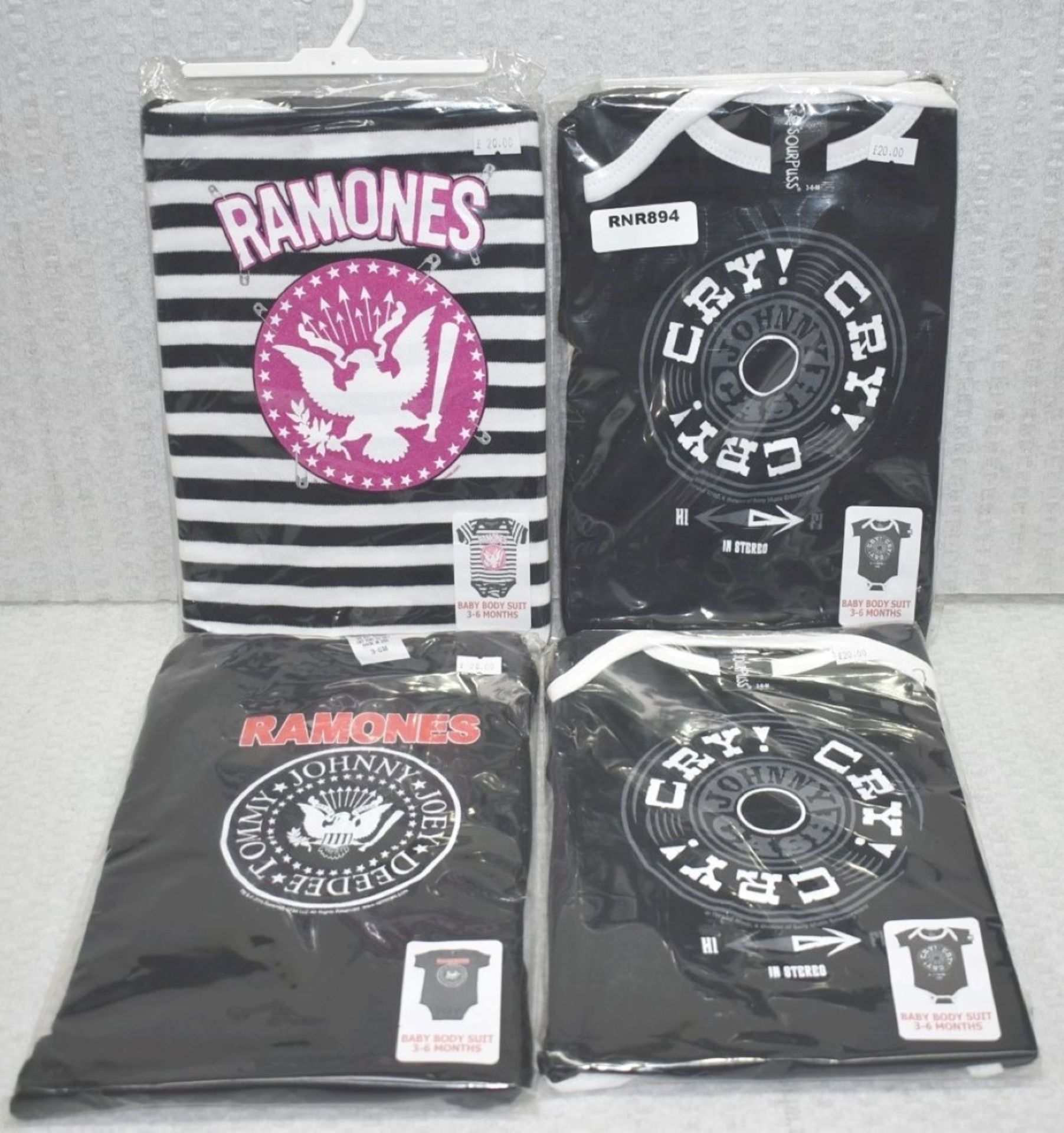 4 x Assorted Baby Body Suits - Features Johnny Cash and the Ramones - Size: 3 to 6 Months -