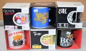 6 x Assorted Rock n Roll Themed Band Drinking Mugs - Includes Led Zeppelin, Sex Pistols, Queen, Bob