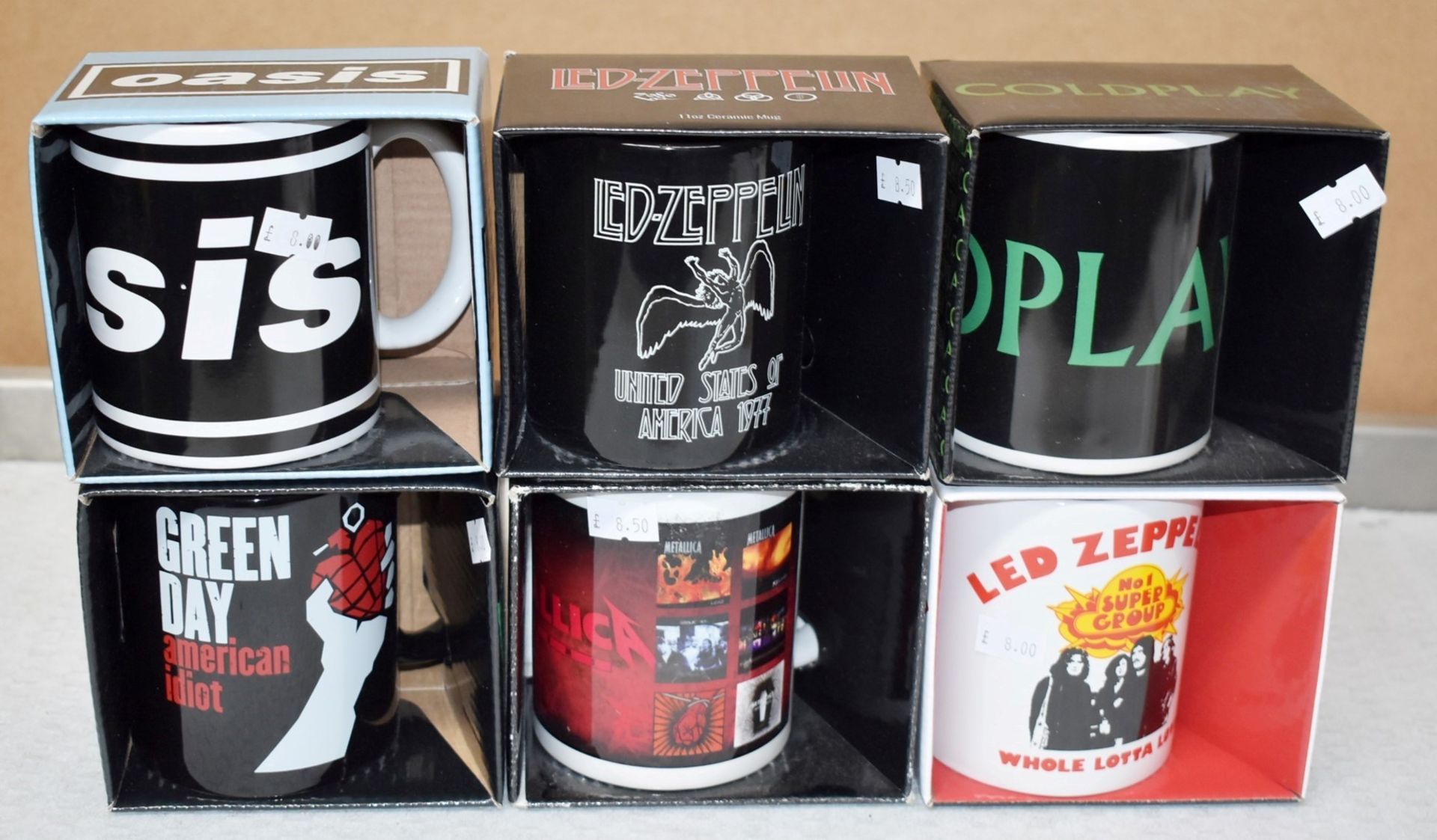 6 x Assorted Rock n Roll Themed Band Drinking Mugs - Includes Green Day, Oasis, Coldplay, Led