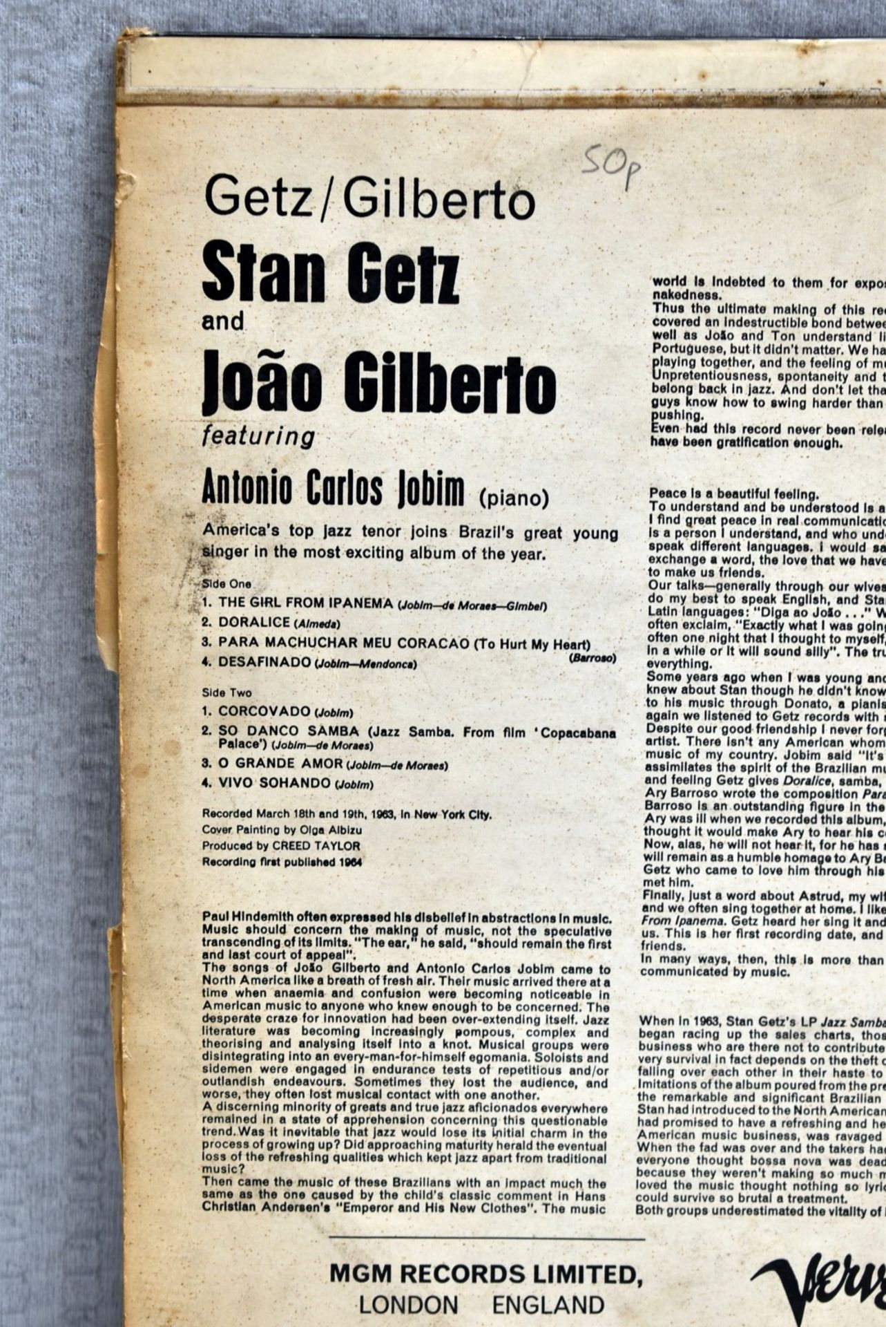 1 x GETZ / GILBERTO by Stan Getz and Joao Gilberto VERVE Records 1964 2 Sided 12 Inch Vynil - Ref: - Image 9 of 15