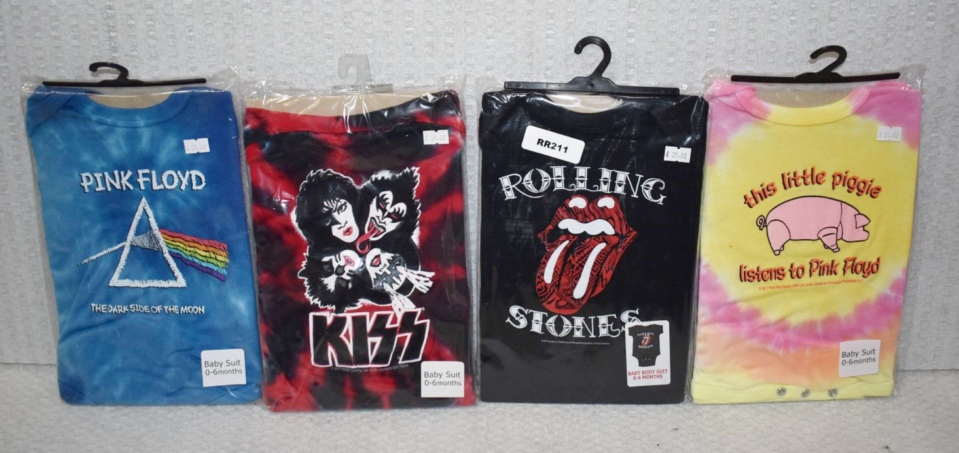4 x Rock n Roll Themed Baby Suits - For Ages 0-6 Months - Features Pink Floyd, Kiss and Rolling