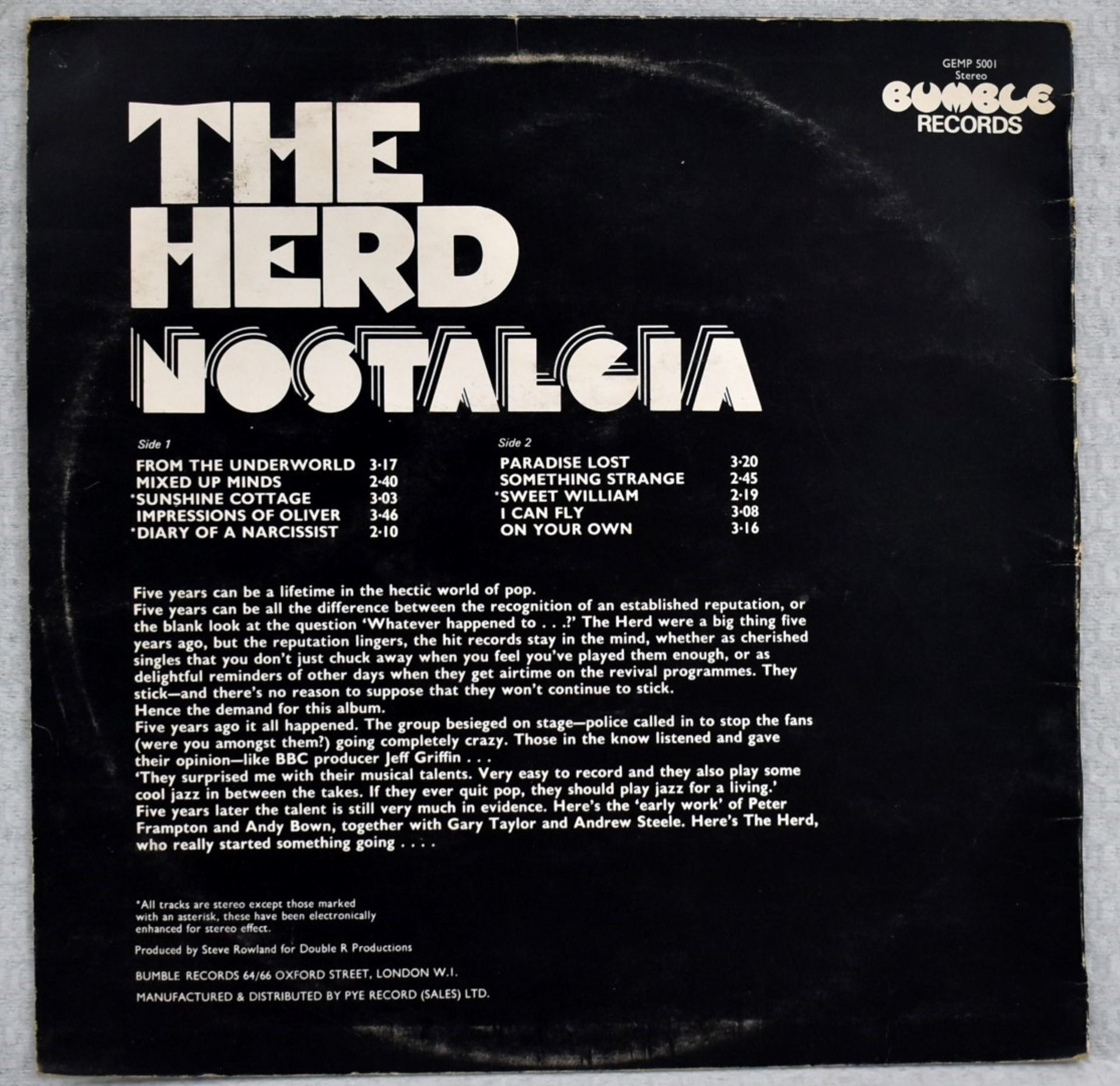 1 x THE HERD Nostalgia Bumble Records 1972 2 Sided 12 Inch Vinyl - Ref: RNR8609 - CL720 - Location: - Image 6 of 16