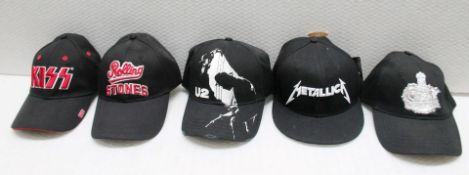 5 x Assorted Baseball Cap Featuring Kiss, Rolling Stones, U2, Metallica and Ozzy Osbourne - Colour: